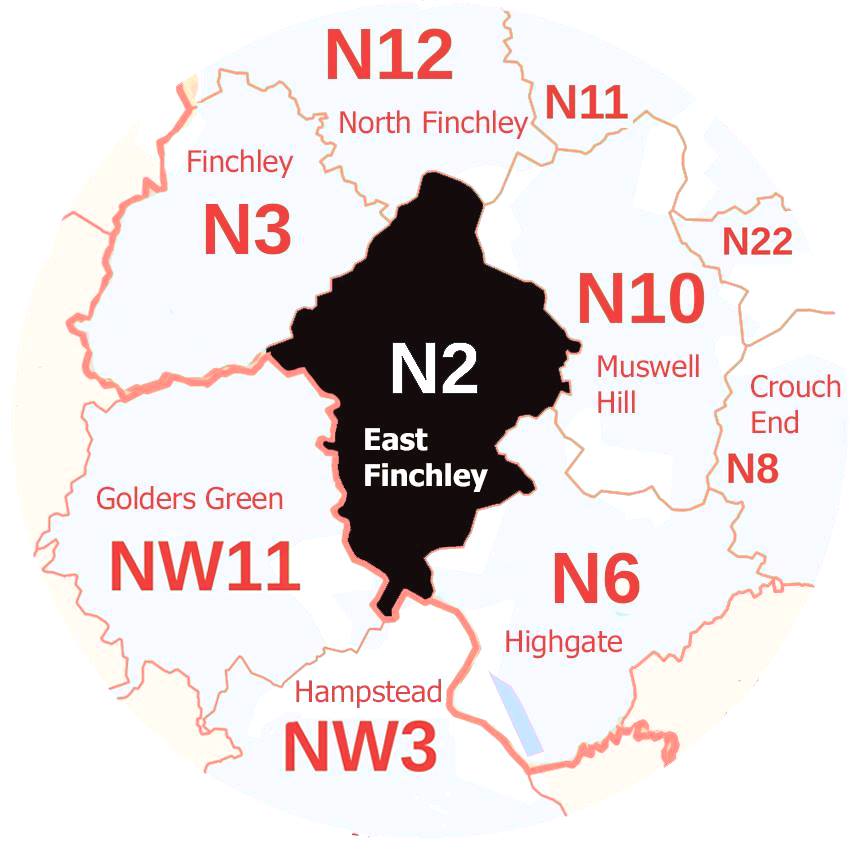 Graphic Map of North London Postcodes with East Finchley N2 at its centre.